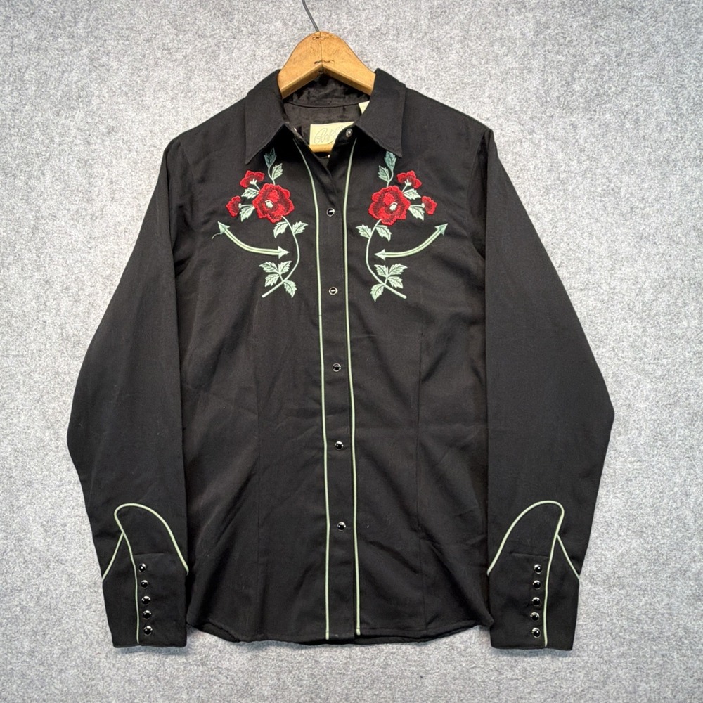 Roper Western Shirt Womens‎ Medium Embroidered Roses Pearl Buttons Festival